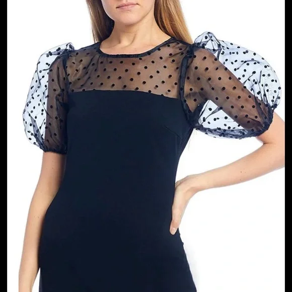 B.DARLIN Puff Sleeve Mesh Flocked Dot Sheath Dress - Picture 3 of 11